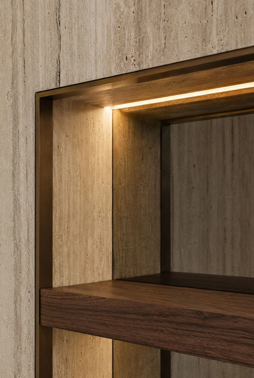 X4 Design and Build luxury recessed shelf detail with travertine stone frame, warm concealed lighting, wood shelf, clean shadow lines, and refined interior fit-out finishing